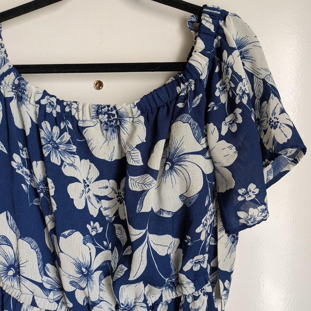 AUW Blue White Floral Tropical Wide Leg Jumpsuit w/ Pockets Shoulder Ties - Picture 5 of 16